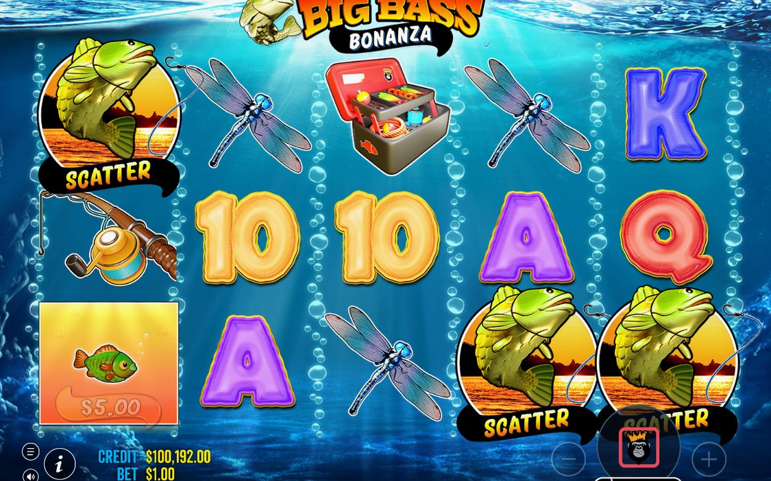 Grundspel i 5x3 med symboler som Lure och Tackle Box